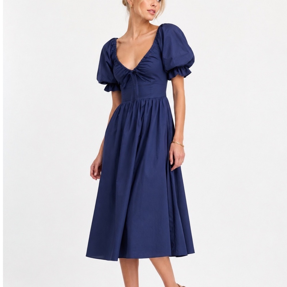 Hill House Home Ophelia Dress Womens XS Navy Garden Party Cotton Romantic Midi
